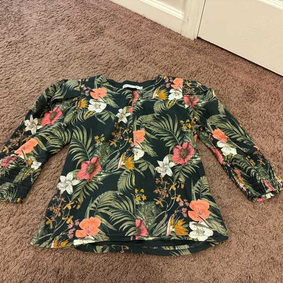 2 FOR $25Rebecca Minkoff Geneva Tropical Floral Puff Sleeve Top Zip Front Size M - Picture 2 of 7